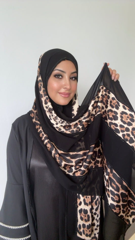 Hijab Émirati Léopard en Crêpe Chiffon – Noir